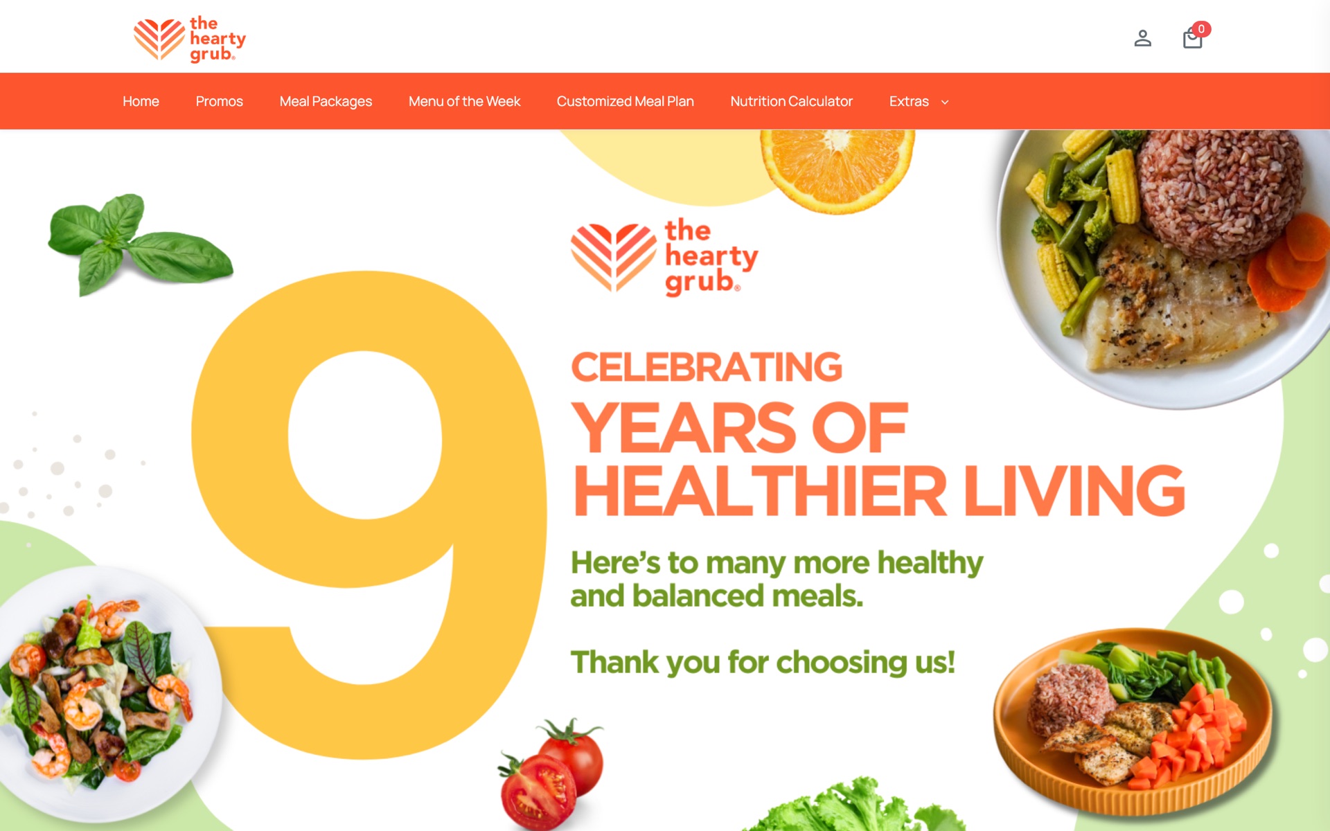 The HeartyGrub home page, with navigation for promos, meal packages, the weekly menu, customised meal plans and a nutrition calculator.