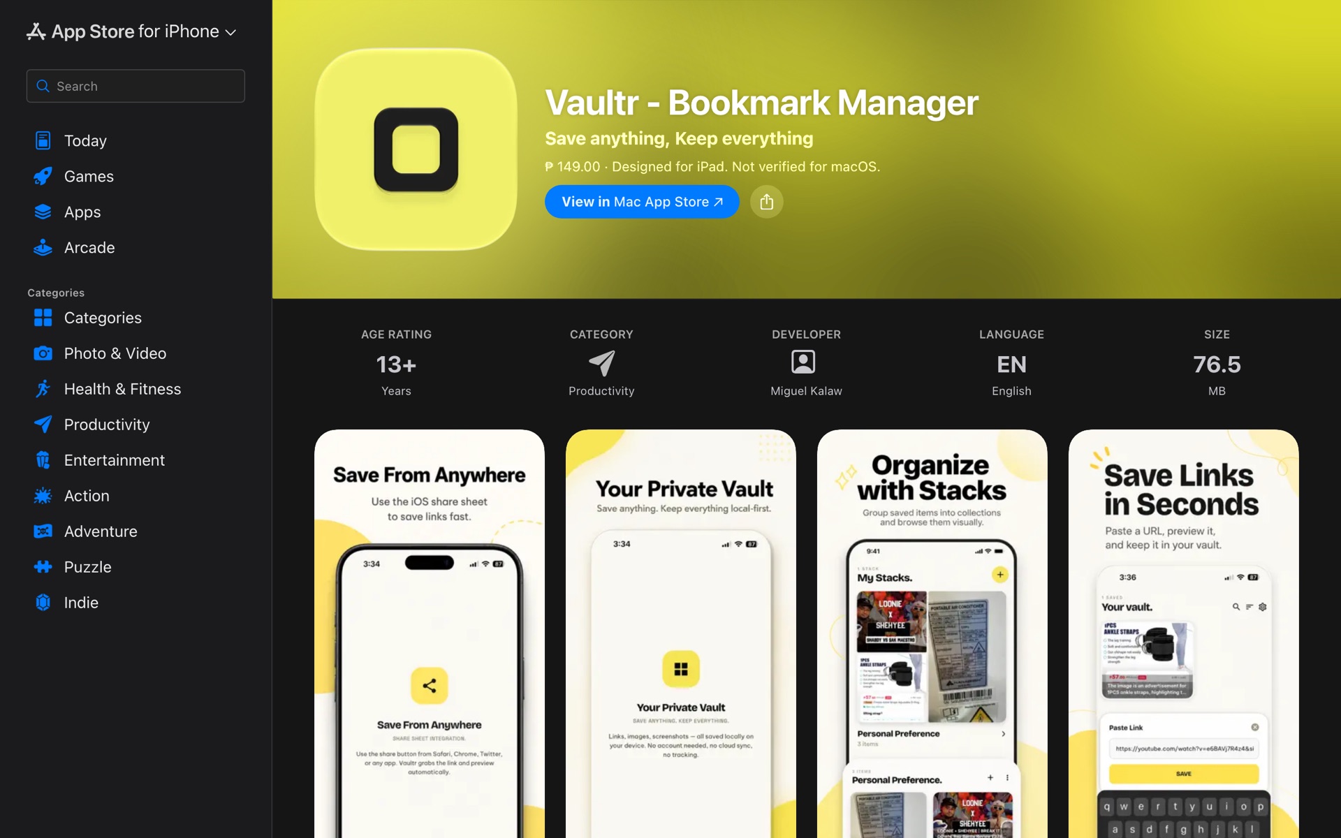 Vaultr's App Store listing, showing the app icon, the price and four screenshots: saving from the share sheet, the private vault, organising with stacks and saving a link.